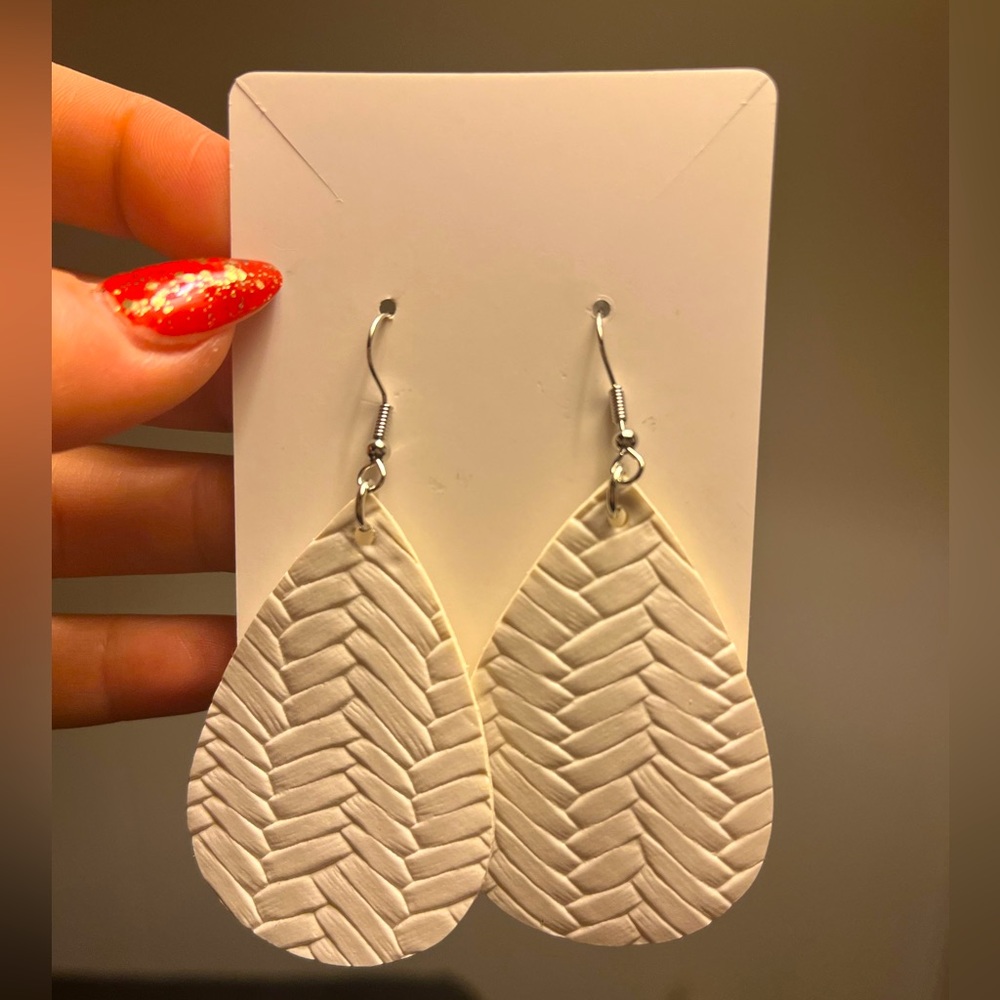 Handmade White Braided Leather Earrings